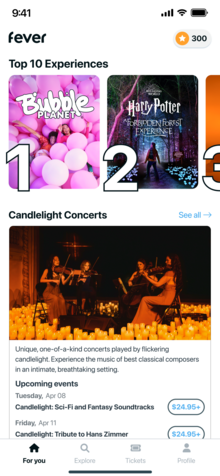 Image of the home page in the iOS version of the Fever mobile application.