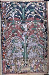 Crucifixion / Tree of life scene with saints bordering (folio 13r) Based upon Bonaventure's Lignum Vitae