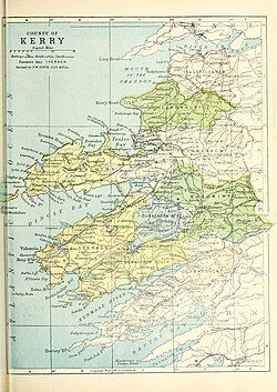 Barony map of County Kerry, 1900; Iraghticonnor barony is in the north, coloured peach.