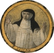 Portrait painting of Beatrice of Nazareth in a nun's habit holding up her hands