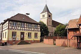 The town hall and church in Fessenheim-le-Bas