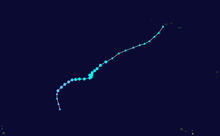 An image depicting the track of a weak and short-lived tropical storm in the central Atlantic.