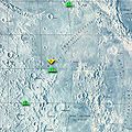 Map of the Sea of Tranquility, showing the landing sites of Apollo 11, Apollo 16, Apollo 17, and Surveyor 5. To the southeast is Mare Fecunditatis, to the northeast is Mare Crisium, to the northwest is Mare Serenitatis, and to the south is Mare Nectaris.