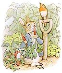 Illustration of Peter Rabbit eating radishes, from The Tale of Peter Rabbit (1901) by British author and illustrator Beatrix Potter