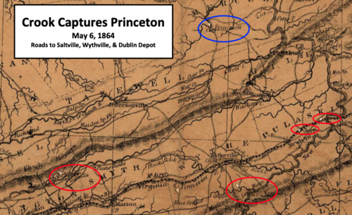 old map with salt mines, lead mines, Depot, and bridge circled in red