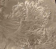 Probable delta in Eberswalde Crater that lies to the NE of Holden Crater, as seen by Mars Global Surveyor. Image in Margaritifer Sinus quadrangle.