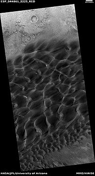 Wide view of dunes in Moreux Crater, as seen by HiRISE under HiWish program