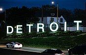 The Detroit Sign at night.