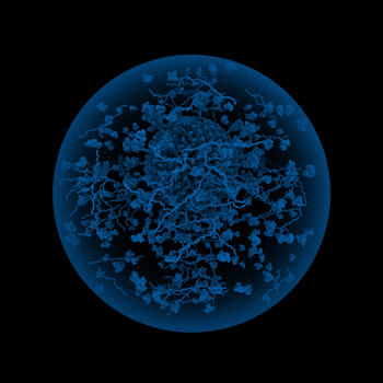 Tachyon rendering of a 1-billion atom aerosolized SARS-CoV-2 virion (COVID-19).