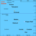 A map showing Kl Line islands with Flint the southernmost island, Vostok and Caroline close to each on the same latitude line, the Filippo Reef north of Caroline with Starbucks and Malden to the west of Caroline with Kritimati to the north of Malden, and Tabuaeran and Teraine next to eachother northeast of Kritimati.