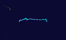 A track map of the erratic but generally westward path of a tropical storm over the Eastern and Central Pacific Ocean