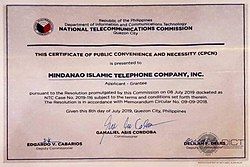 Certificate of Public Convenience and Necessity issued to the Mindanao Islamic Telephone Company, Inc. 8 July 2019