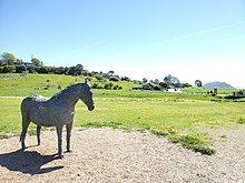 A metal statue of a horse looking across a field.