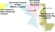 Map of Maryland with counties showing the different Girl Scout Councils