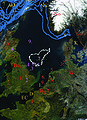 Map showing neighboring placenames, and features in the North Sea, two bathymetric projections of greater areas.