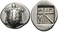 Image 6Greek drachm of Aegina. Obverse: Land turtle. Reverse: ΑΙΓ(INA) and dolphin (from History of money)