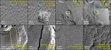 Composite demonstrating relative resolution of seven different cameras that imaged Mars: HiRISE (Mars Reconnaissance Orbiter), THEMIS VIS (Mars Odyssey), MOC-WAC (Mars Global Surveyor), HRSC (Mars Express), CTX (Mars Reconnaissance Orbiter), Viking, Mariner 4. Location is Memnonia quadrangle. Blue arrow on some pictures points to same location at with different cameras. Red box with CTX image shows location of the next frame from HiRISE.