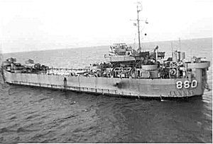 USS Lake County (LST-880) underway in the Bahamas, 10 February 1958