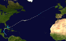 Storm path of hurricane, stretching from the southern Caribbean to the northern Atlantic.