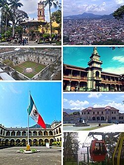 Clockwise, from upper left: San Miguel de Arcángel Cathedral, Panoramic of the city from El Borrego Hill, San José de Gracia Convent, Palacio de Hierro, Orizaba City Hall, Mier y Pesado Polyforum, Orizaba cableway