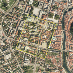 True to scale 1st century AD Emona with insulas, wall, gates and towers. Note high level of modern streets and walls still overlapping