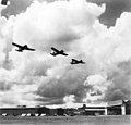 Brewster Buffalo aircraft of No. 21 Squadron flying over RAF Sembawang.