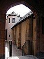 Passageway between hall and church