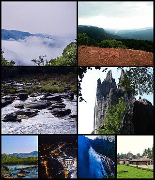 Clockwise from Top Right- Bheemana Gudda Peak, Yana Rock Mountain, Madhukeshwara Temple Banavasi, Unchalli Falls, Marikamba Fair-Largest fair in Karnataka, Agnhashini river, Shasralinga, Devimane Ghat view point.