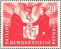 Image 141951 East German stamp commemorating the Treaty of Zgorzelec establishing the Oder-Neisse line as a "border of peace", featuring the presidents Wilhelm Pieck (GDR) and Bolesław Bierut (Poland) (from History of East Germany)