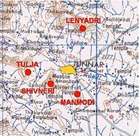 Location of Buddhist caves, including Shivneri Caves, around the city of Junnar.