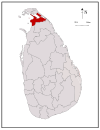 Area map of Kilinochchi District, along the northern coast of the mainland and south of the Jaffna peninsula, in the Northern Province of Sri Lanka