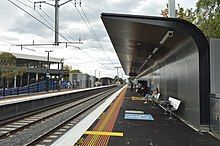 The new side platforms at the modern southland station, with a shelter in the foreground