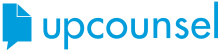 The top part of the image contains a folded document bubble in blue. The bottom part of the image contains the word "upcounsel" in blue.