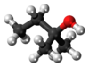 Ball-and-stick model of tert-Amyl alcohol (2M2B), which is 20 times more intoxicating than ethanol and like all tertiary alcohols, cannot be metabolised to toxic aldehydes.