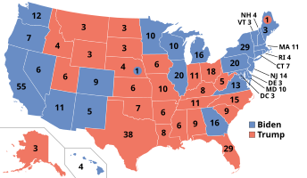 Presidential election results map. Blue denotes those won by Biden/Harris and red denotes states won by Trump/Pence. Numbers indicate electoral votes cast by each state and the District of Columbia.