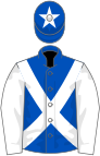 Royal blue, white cross sashes and sleeves, white star on cap