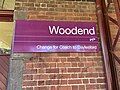 Woodend station signage at Platform 1, July 2022