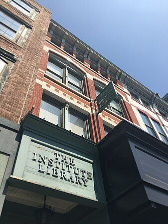 Institute Library building, perspective is from street looking up