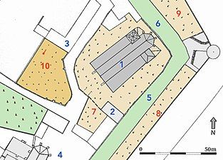 Location map: 1. Theodorskirche 2. Allerheiligenkapelle (All Saints' chapel) 3. Vicarage 4. Kartausgasse 5. Theodorsgraben 6. Claragraben 7. Special cemetery 8. Kleeacker cemetery 9. Mättelein cemetery 10. Merianscher Totenacker with Theo's grave