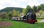 A train operating on the Dampfbahn Fränkische Schweiz heritage railway in Germany