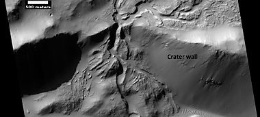 Channels inside and outside of a crater, as seen by HiRISE under HiWish program. Branched channels are outside the crater (at the top of the image). The channel then goes into crater, making more branches that are probably on a delta-like form.