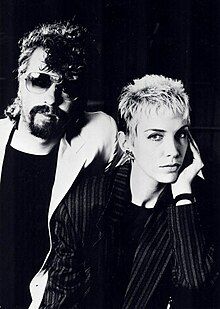 Eurythmics, featuring David A. Stewart (left) and Annie Lennox (right), in 1985.