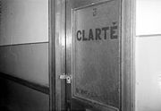 The doorway of the newspaper La Clarté, the French-language weekly of the Communist Party of Canada, padlocked by police in Montreal in 1937.