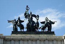 View of the quadriga atop the monument. The central figure came loose during a 1976 windstorm.