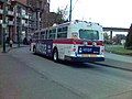 A New Flyer E90 electric trolley bus, at Granville Street and 5th Avenue.