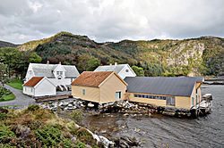 View of the Vågsberget handelsstad, along the shore in Vågsvåg