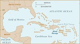 A map of the Caribbean, with the southern United State above, and Mexico and Central America to the left. The Mona Passage is labeled between the Dominican Republic and Puerto Rico, near Mona Island.