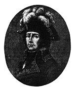 Black and white print of a man wearing a dark military coat and a bicorne hat with gaudy plumes.