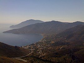 View over Livadia, the port and main village on Tilos