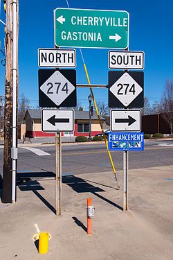 Directional signs of NC 274, at the end of NC 161, in Bessemer City